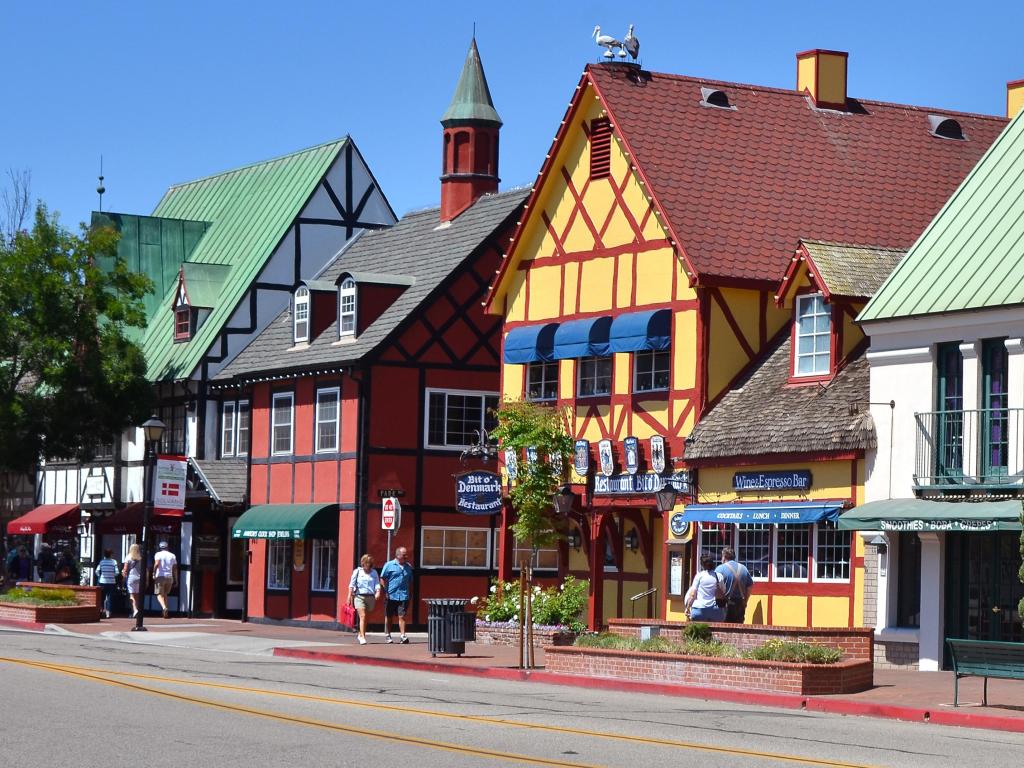 A Danish village in Solvang in California with brightly coloured buildings and roofs.