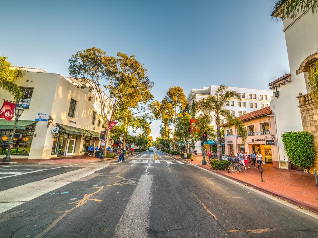 Santa Barbara, CA, USA with a view of State street in downtown city on a sunny day.