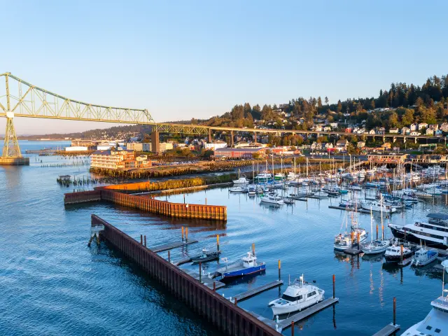 Boats docked at the West Mooring Basin Marina next to the iconic Astoria Megler Bridge, Oregon