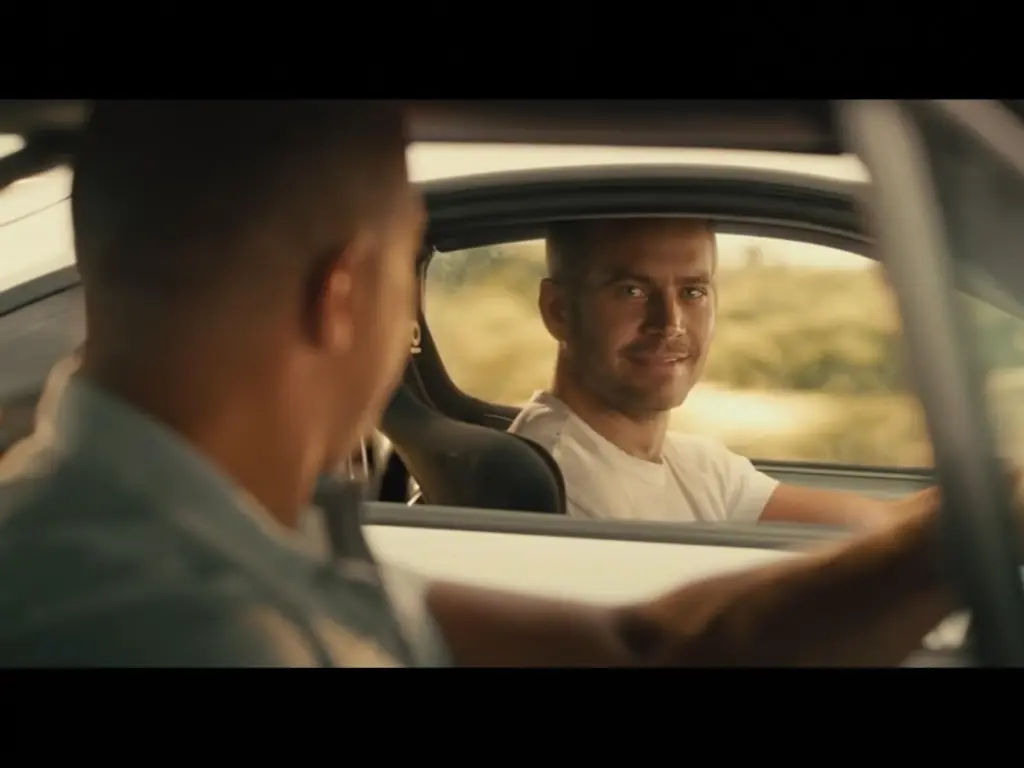 Main characters of the movie Furious 7, Dom and Brian in their cars. Brian is smiling at Dom.