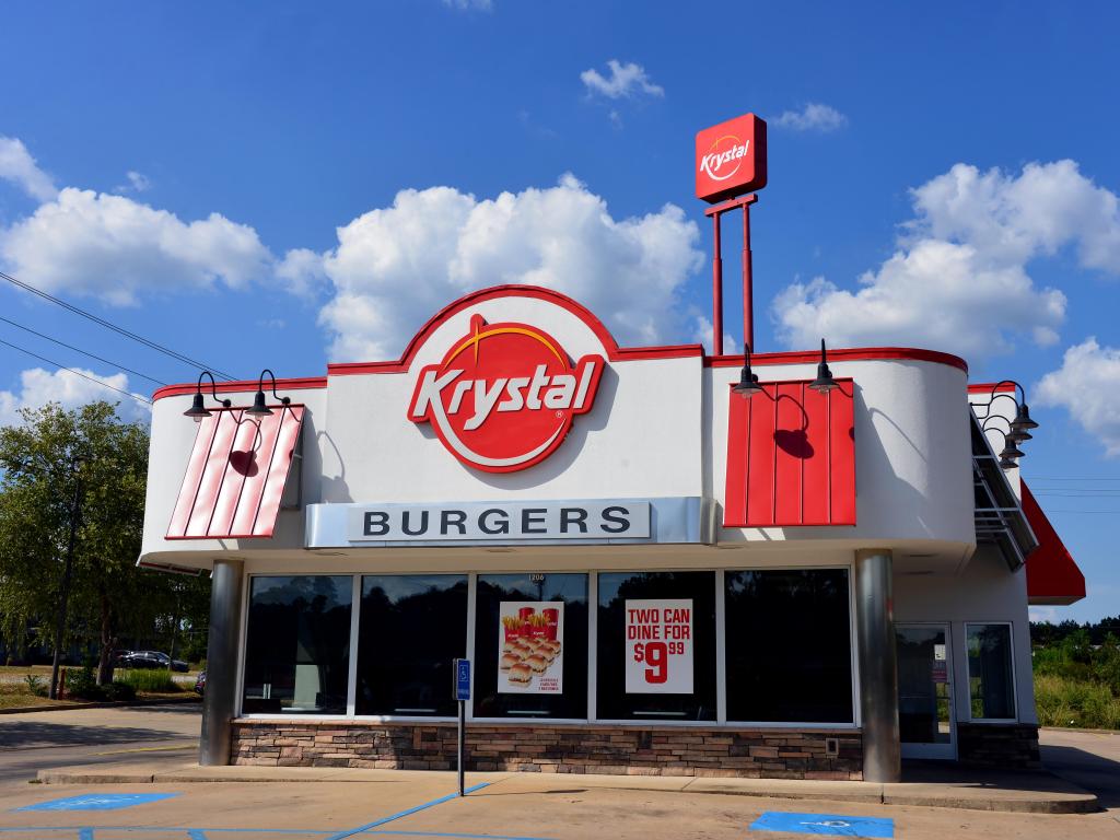 Retro Krystal's diner in at the roadside in Brookhaven, Mississippi, with red signage on a sunny day