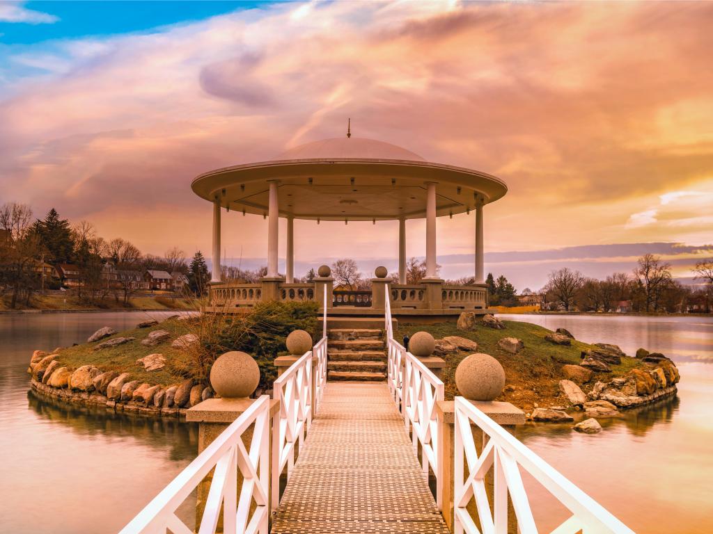 A Dramatic Sunset at Hiawatha Lake Gazebo in Central Park, Syracuse.