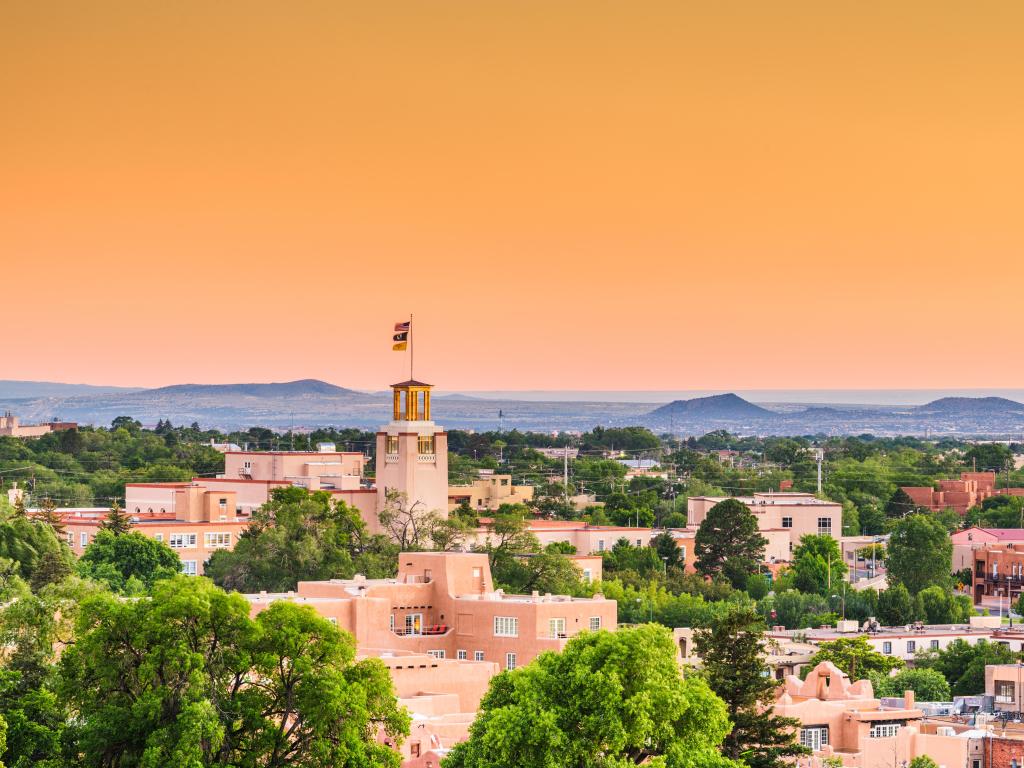 Santa Fe, New Mexico, USA downtown skyline at dusk.