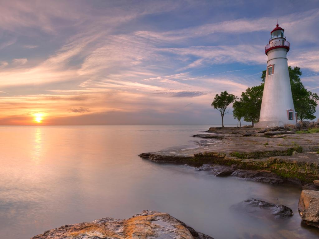 The Marblehead Lighthouse on the edge of Lake Erie in Ohio, USA. Photographed at sunrise.