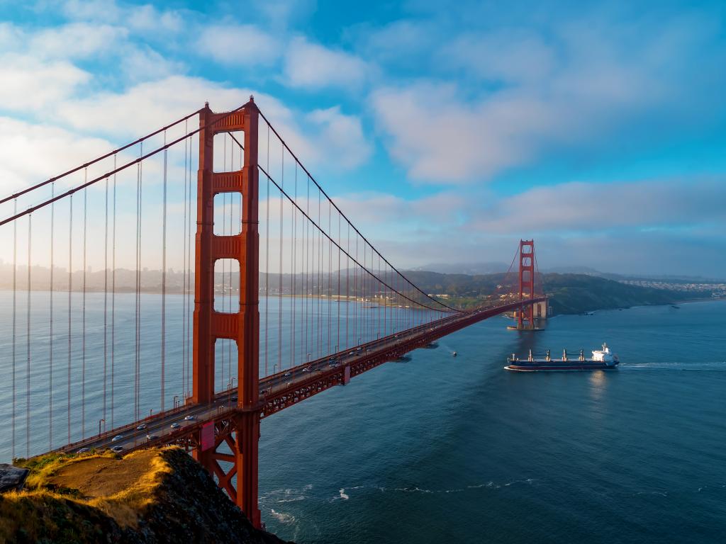 The iconic Golden Gate Bridge stretching away from San Francisco in California.