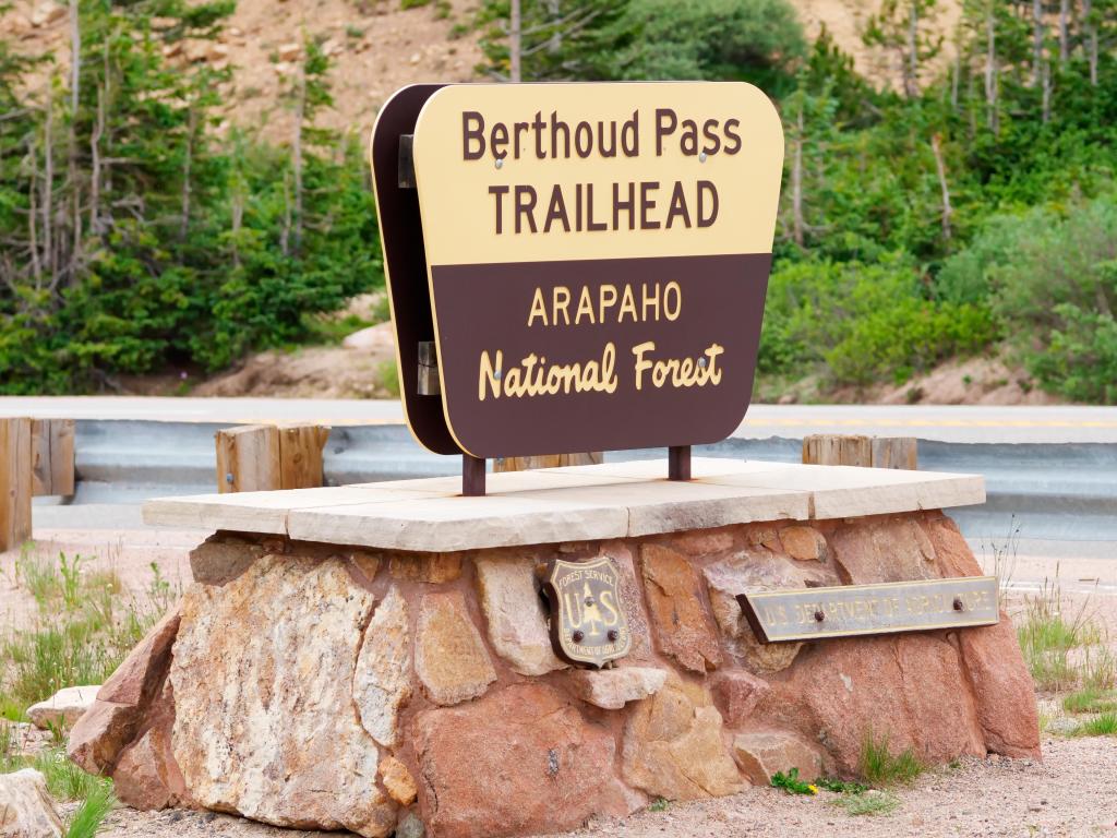 Berthoud Pass trail sign in the classic NPS colors - beige and brown