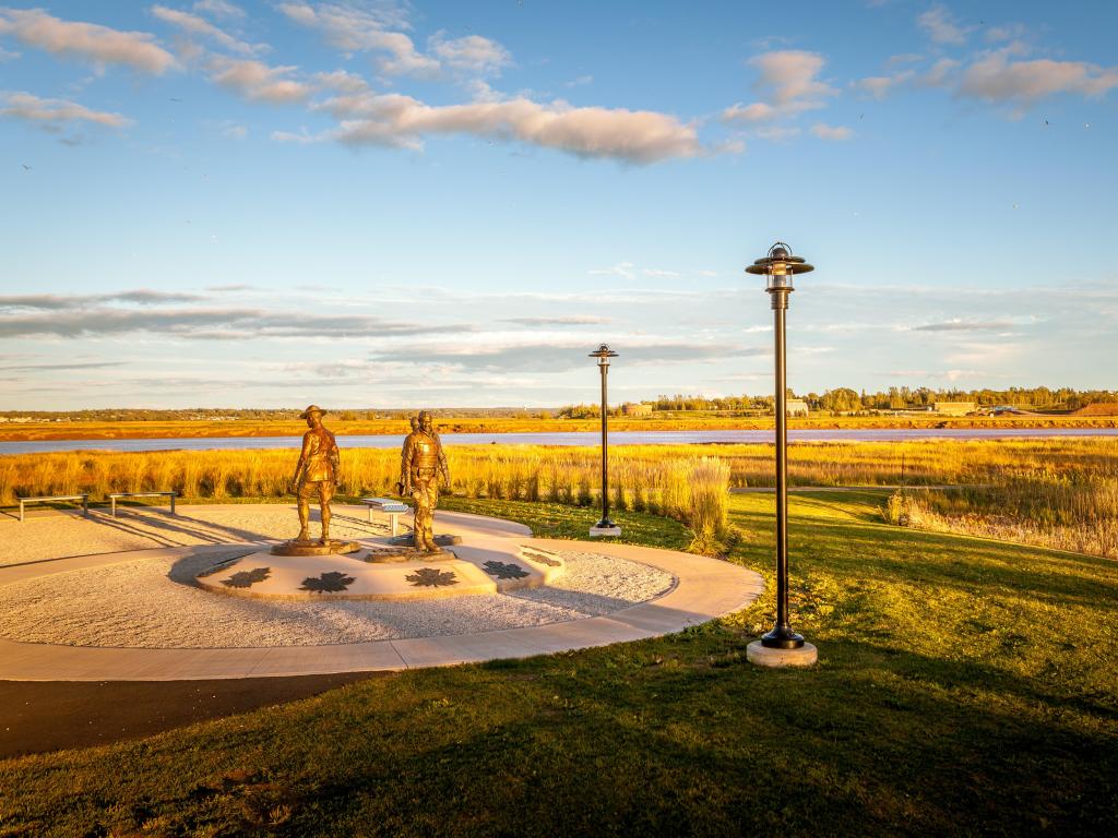 Moncton, New Brunswick, Canada with monuments in the centre and grass surrounding, taken just before sunset.