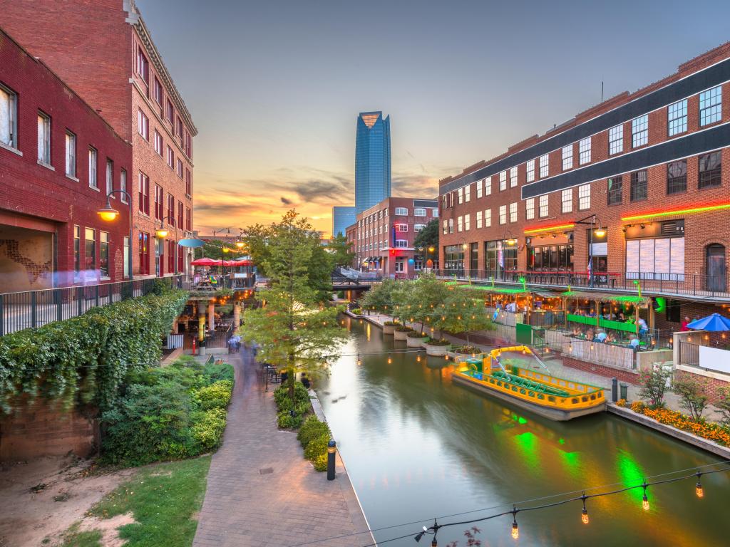 Oklahoma City, Oklahoma, USA cityscape in Bricktown at dusk.