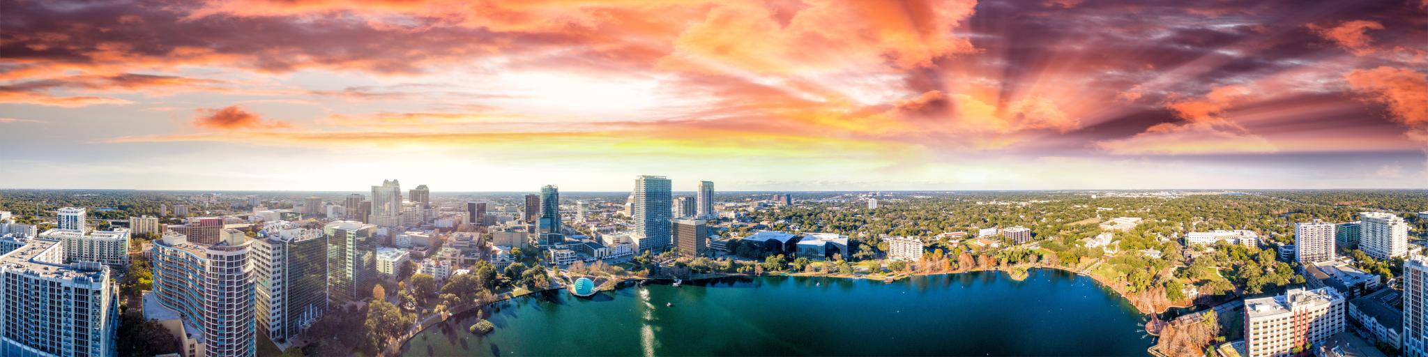 Panorama of Lake Eola and the city of Orlando, Florida.