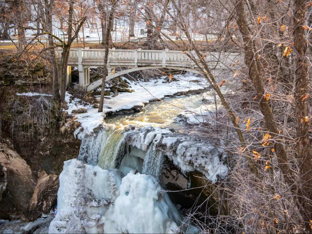 Minneopa Falls. The word Minneopa comes from the Dakota language and is interpreted to mean "water falling twice," referring to the two beautiful waterfalls of the Minneopa Creek.