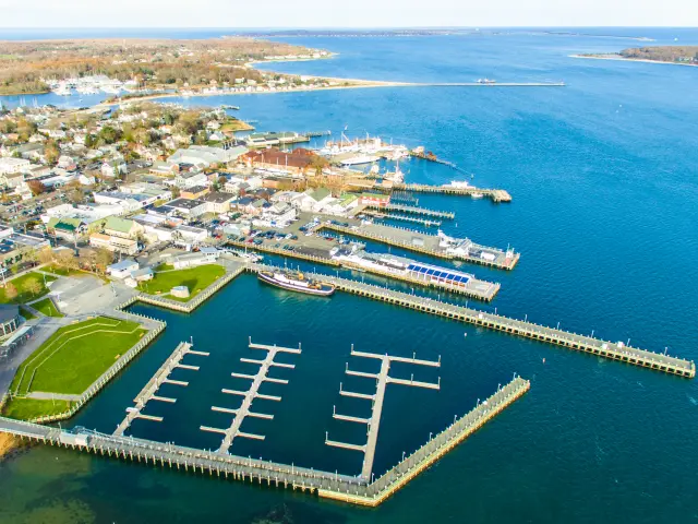 Aerial view of Greenport, including the extensive marina and boats