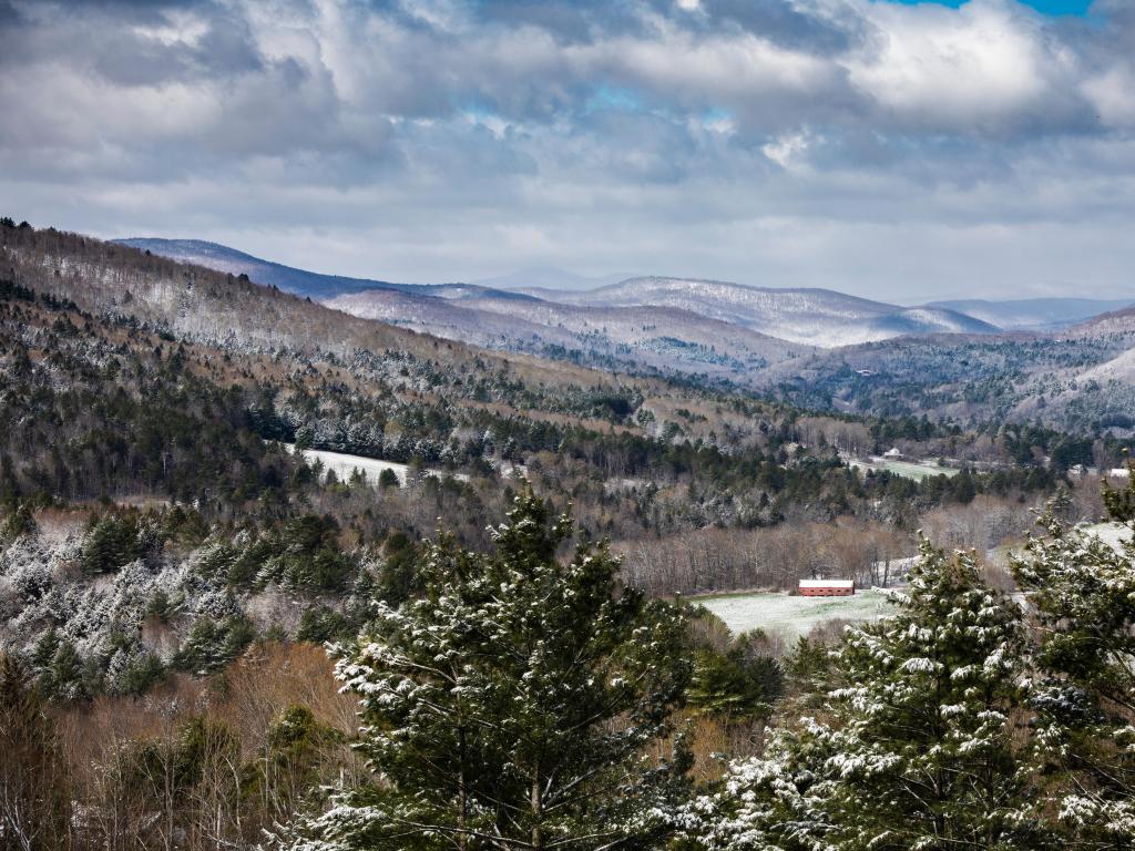 Woodstock, Vermont, USA taken at late spring with snow in the Green Mountains near Woodstock, Vermont.