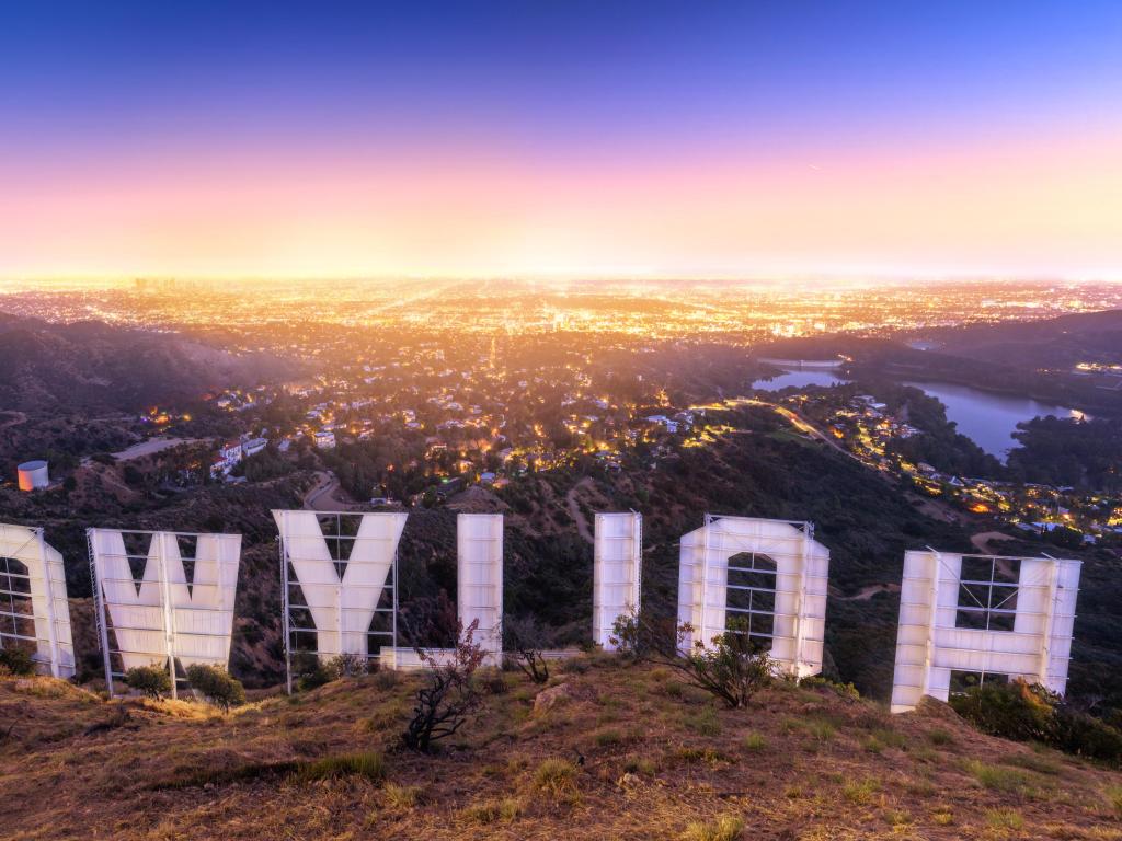 Hollywood Sign, viewed from behind at sunset in Los Angeles, California