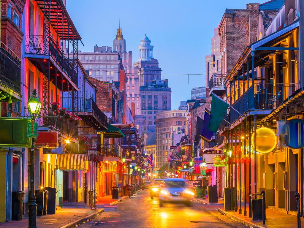 Pubs and bars with neon lights in the French Quarter, New Orleans USA