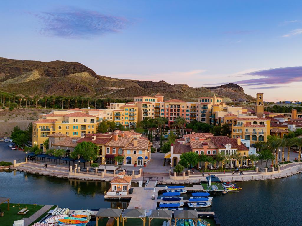 Aerial shot of Lake Las Vegas in the day time, with blue sky above
