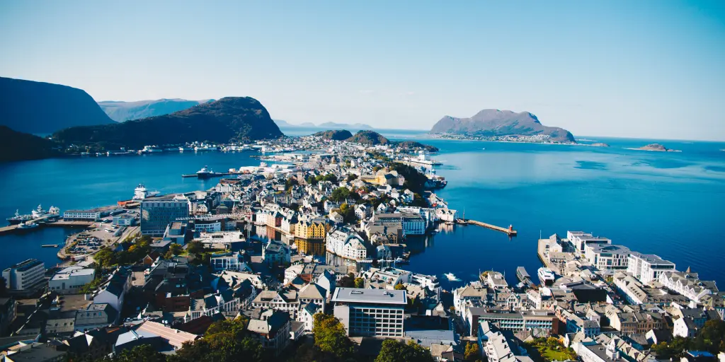 A view from up high of the port city of Alesund, Norway