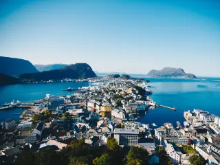 A view from up high of the port city of Alesund, Norway