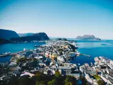 A view from up high of the port city of Alesund, Norway