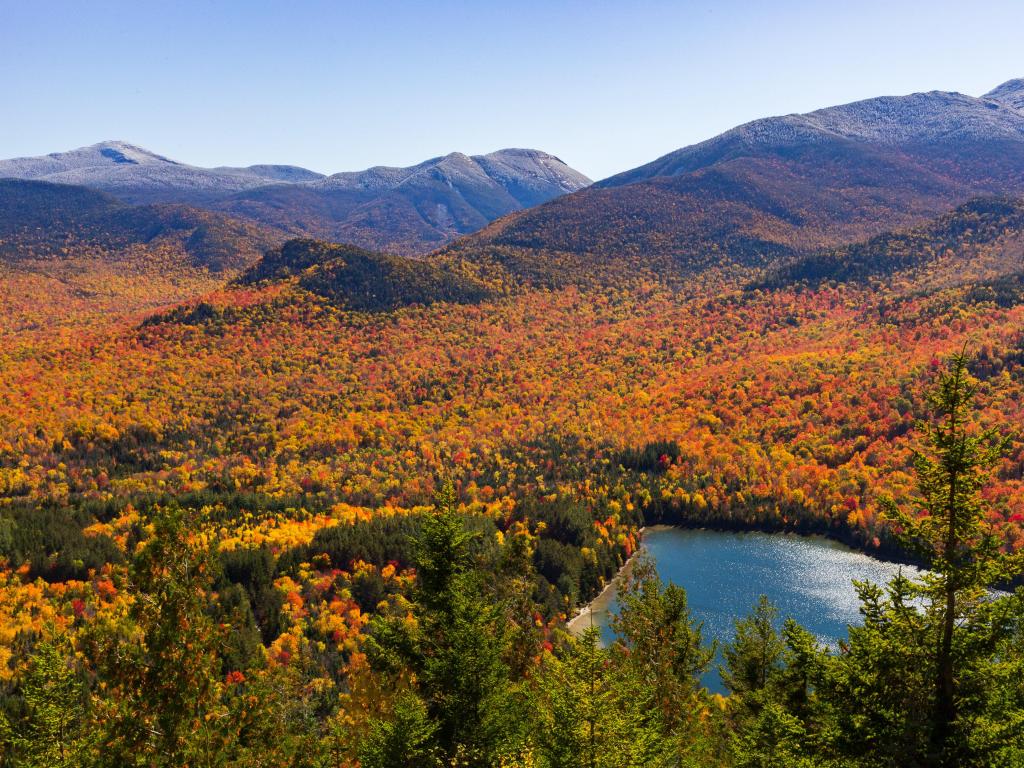 High Peak Wilderness, New York, USA taken on a sunny day with fall foliage and the Adirondack mountains in the background. 