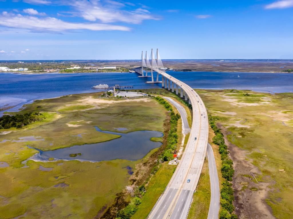 The Sidney Lanier Bridge in Brunswick Georgia, a long cablestayed bridge crossing the deep blue river