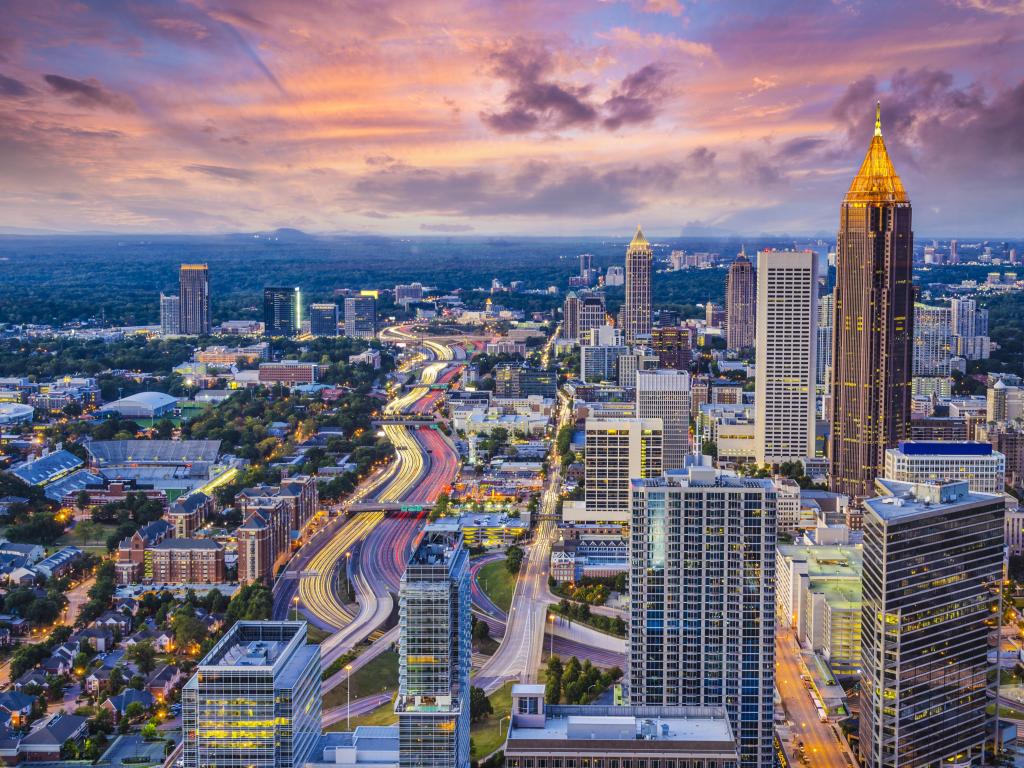 Atlanta, Georgia, USA with a downtown aerial view taken at early evening.