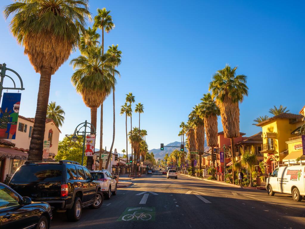 A palm lined street in Palm Springs in California's Coachella Valley.