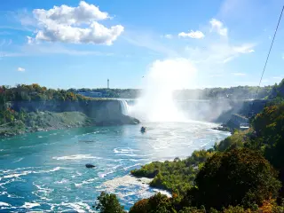 Niagara Falls, USA/Canada taken as a panoramic shot of the waterfalls on a sunny day with blue sky and boats in the water in the foreground. 