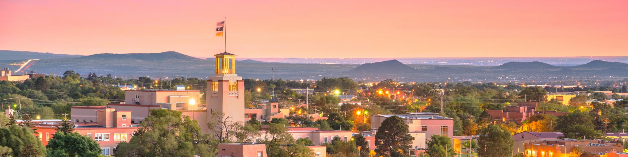 Skyline of downtown Santa Fe, NM at sunset