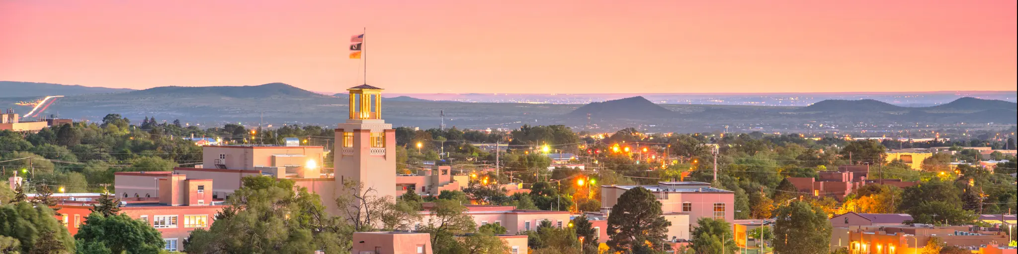 Skyline of downtown Santa Fe, NM at sunset