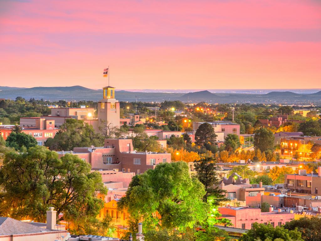 Skyline of downtown Santa Fe, NM at sunset