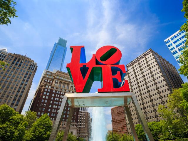 Famous red "Love" statue in Philadelphia on a sunny day
