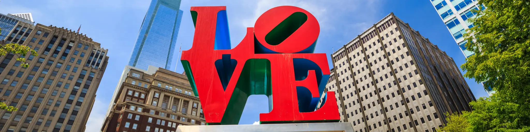 Famous red "Love" statue in Philadelphia on a sunny day