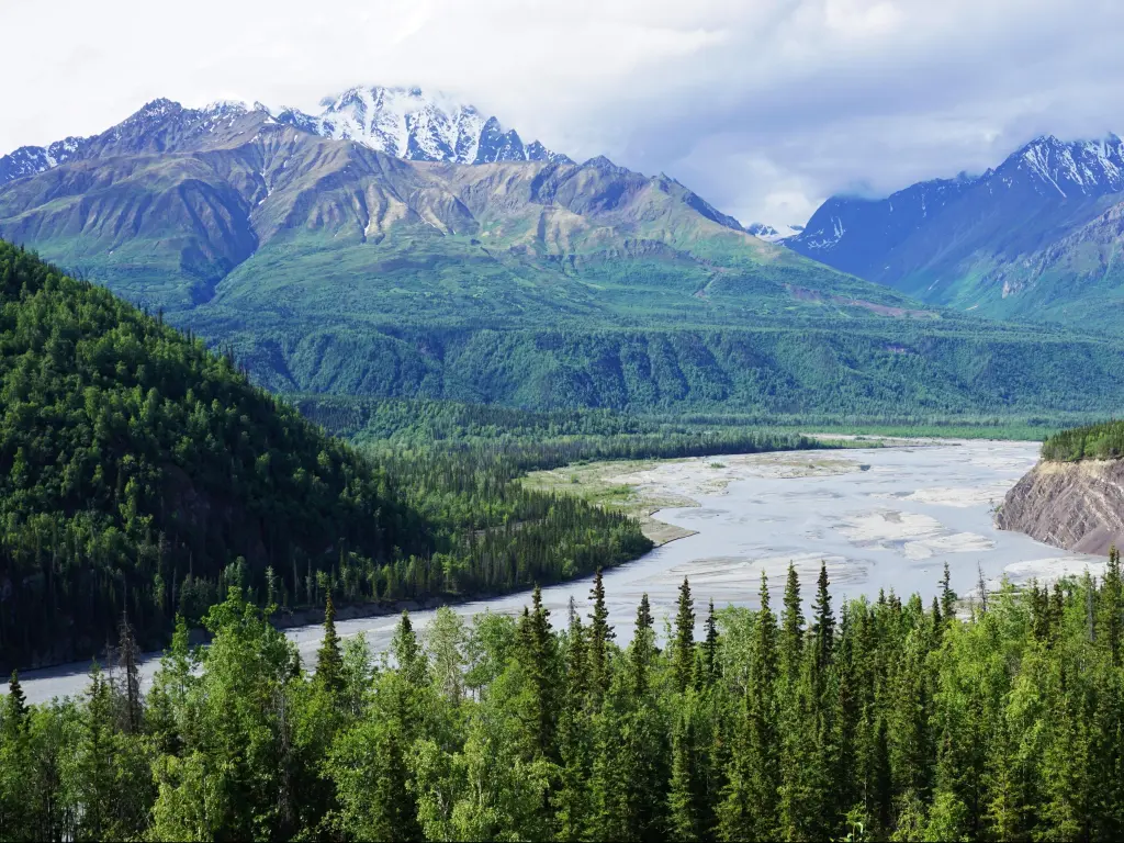 The Susitna River and Valley in Alaska with trees lining the mountains and snow-capped mountains in the distance under a cloudy sky.
