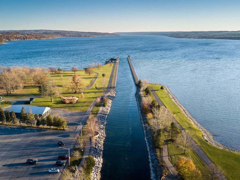 A beautiful aerial shot of the lake with the expansive lake waters in the forefront, Lake Owasco, New York