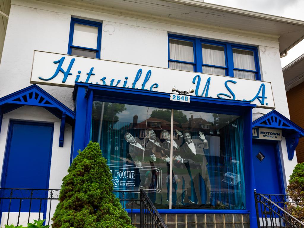 Blue and white facade of the Motown Museum where the famous recording studio was located in Detroit