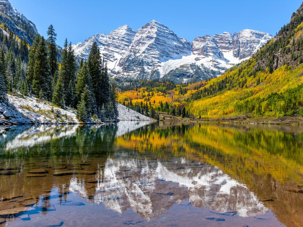 Snowy peaks of the Maroon Bells reflecting in the Maroon Lake in Aspen, Colorado