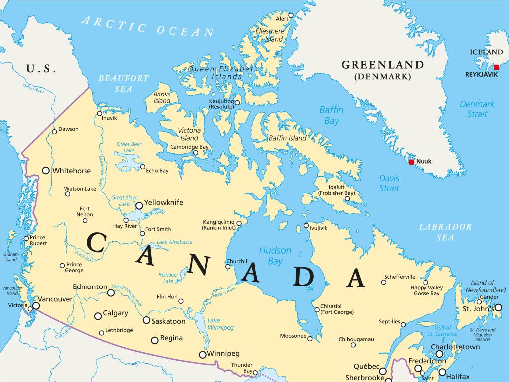 Map of Canada and Greenland showing how the Baffin Bay and Davis Strait separate the two.