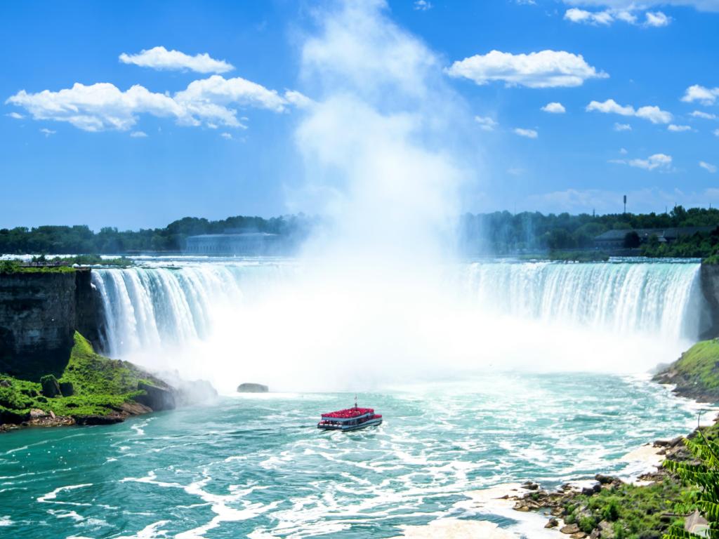 Niagara Falls, Canada taken on a clear sunny day with a tourist boat in the foreground and the falls in the distance.