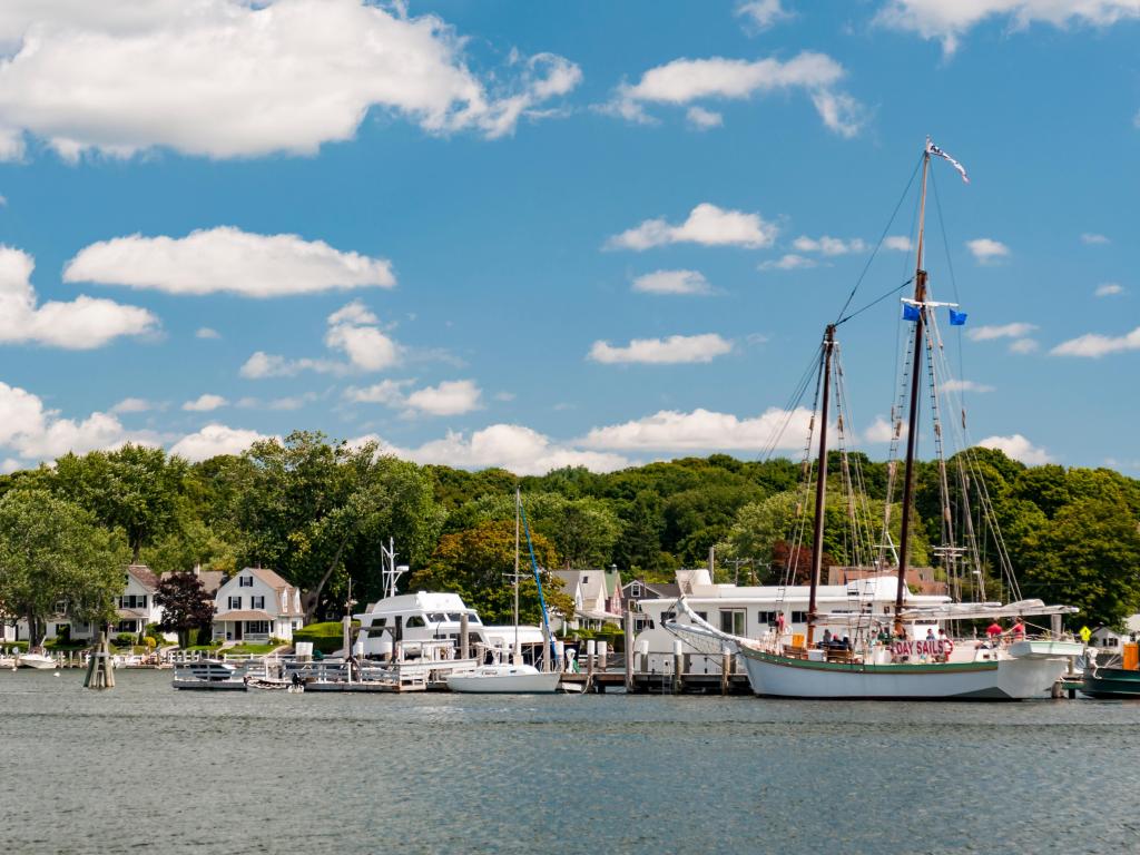 Mystic Seaport recreated 19th century village and educational maritime museum and lighthouse replica of Brant Point Light