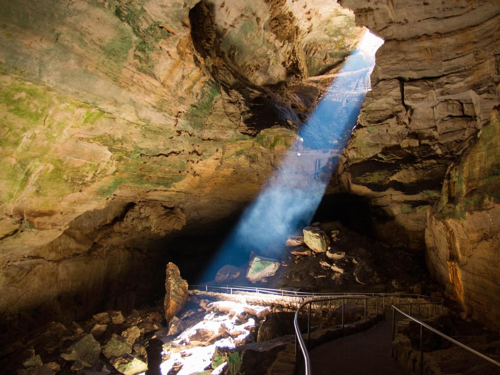 A strong beam of sunlight shines in the Carlsbad Caverns National Park in southern New Mexico