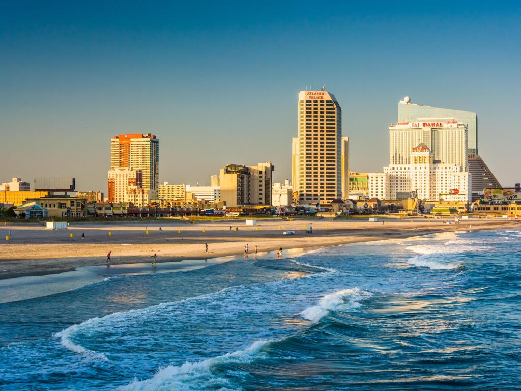 The skyline and Atlantic Ocean in Atlantic City, New Jersey.