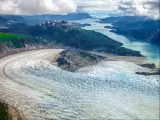 Aerial view of Glacier Bay National Park, Alaska, with the glacier close up in the foreground