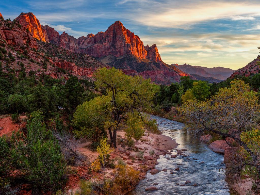 Zion National Park, Utah with a view of the Watchman mountain in the background and the virgin river in the foreground, trees surrounding at dusk.