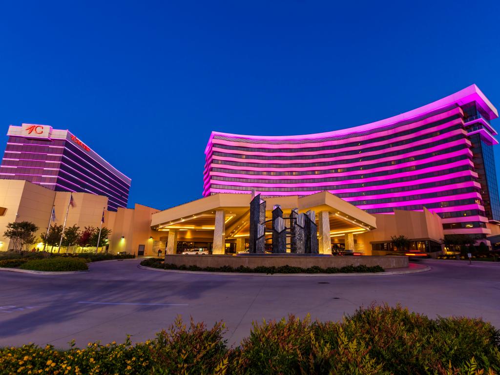 The large Choctaw Casino & Resort in Durant, Oklahoma lights up at night.