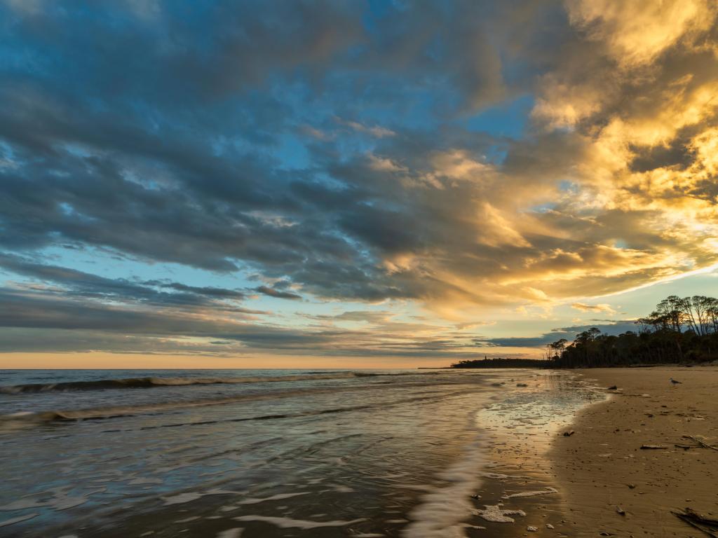 Hunting Island State Park, South Carolina, USA taken during a beautiful sunset reflecting in the light on the Atlantic Ocean.