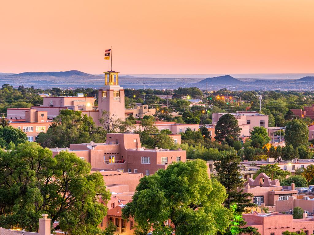 Santa Fe, New Mexico, USA downtown skyline at dusk.