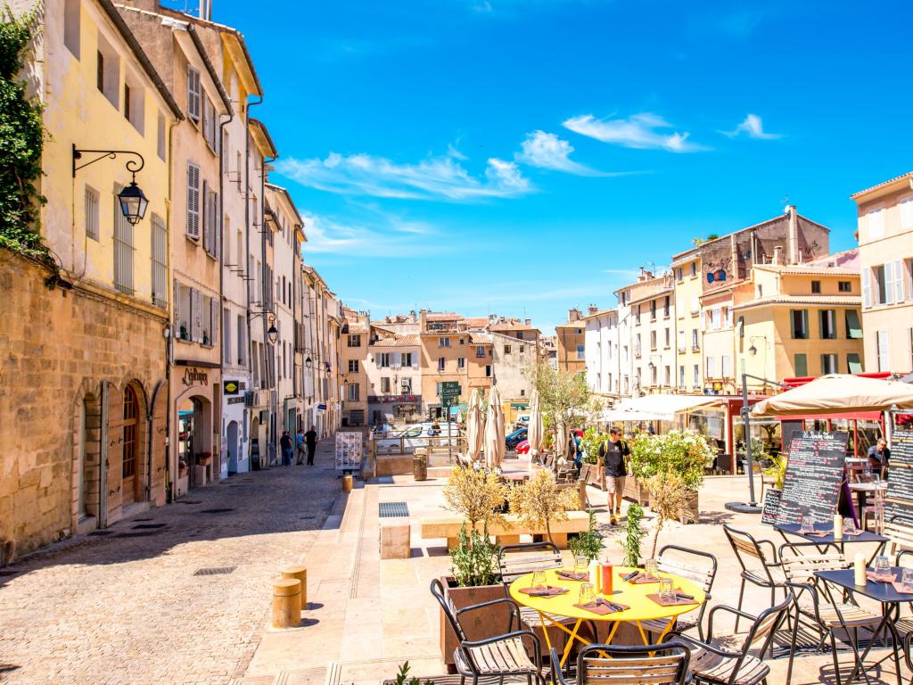 Aix-en-Provence, France taken at Cardeurs square with cafes and restaurants in the old town of Aix-en-Provence city on the south of France.