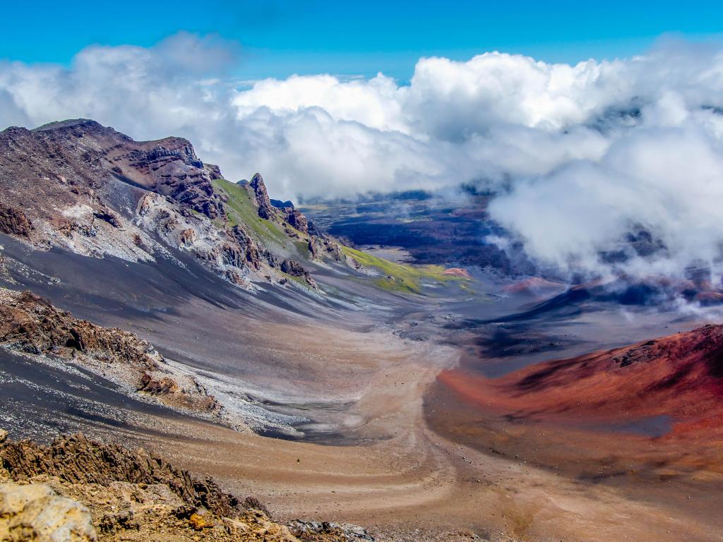 The beautiful colors seen in the massive volcanic crater at Haleakala National Park on the island of Maui, Hawaii.