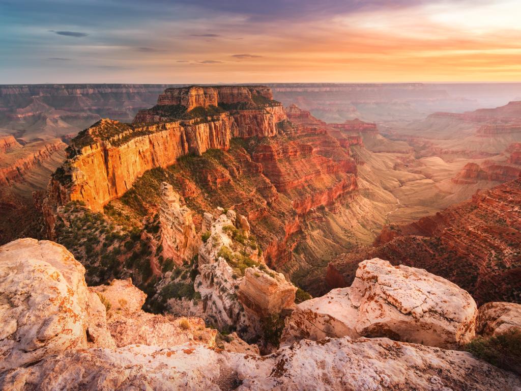 Beautiful landscape of Grand Canyon National Park - North Rim, Arizona, USA. Beautiful sunset at Grand Canyon National Park in summer. Cape Royal.