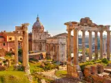 A view over Roman ruins in Rome on a sunny day